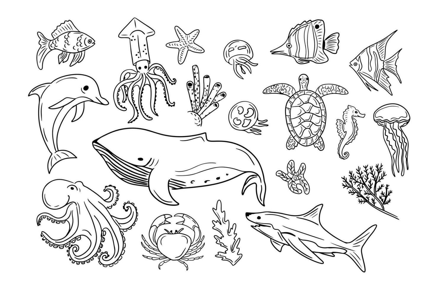 Big set of hand drawn doodle sea creatures. Vector isolated black sketches on white background. Unique hand drawn design. Idealt for coloring pages, tatoo, wrapping paper, pattern, background