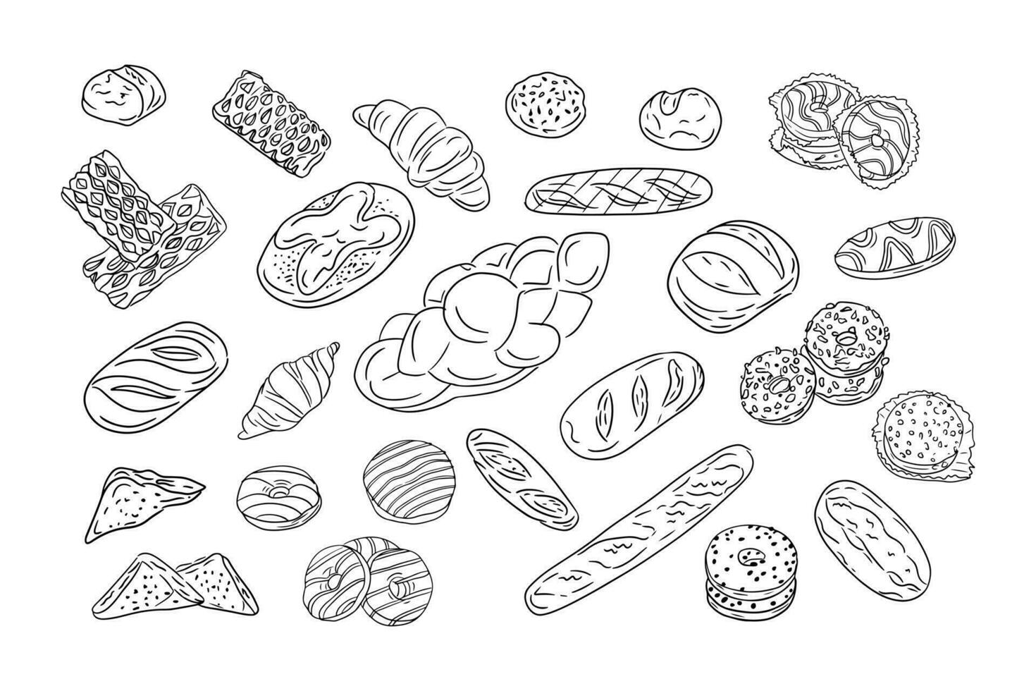 Big set of hand drawn doodle outline bakery. Vector isolated pastries and braed such as donut, croissant, baguette, craft bread, puff and buns. Unique hand drawn design Suitable for coloring pages