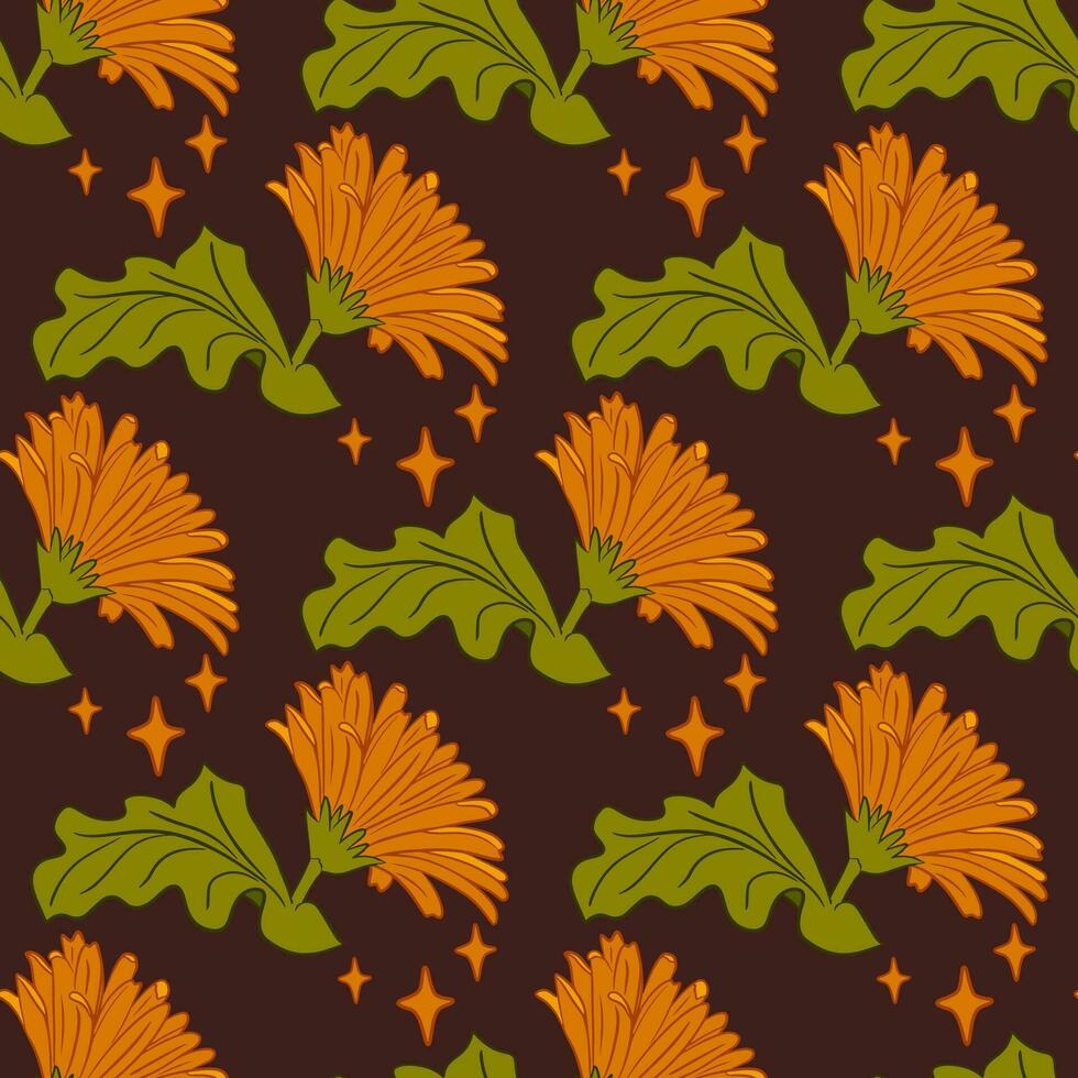 Stylish floral seamless pattern with gerberas. Yellow isolated flower with leaf and stars in flat outline style on dark background. Can be used as contemporary textile, wallpaper, wrapping paper vector