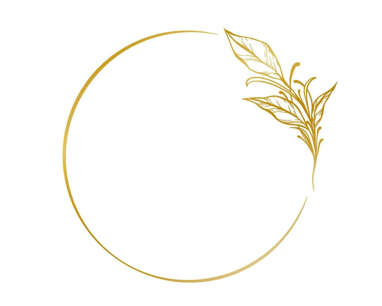 Botanical golden circle frame. Hand drawn round line border, leaves and flowers, wedding invitation and cards, logo design and posters template. Elegant minimal style floral vector isolated set