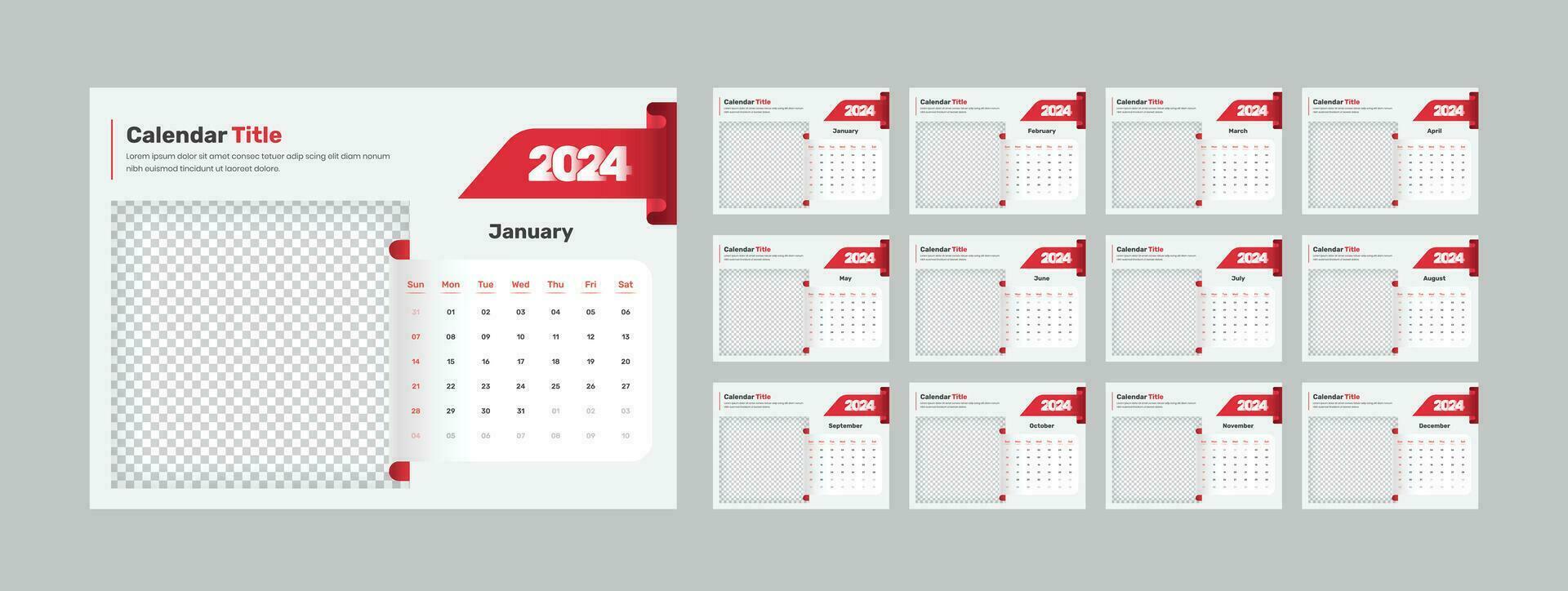 Modern red color desk calendar template of 2024 with accurate date format and image placeholder vector