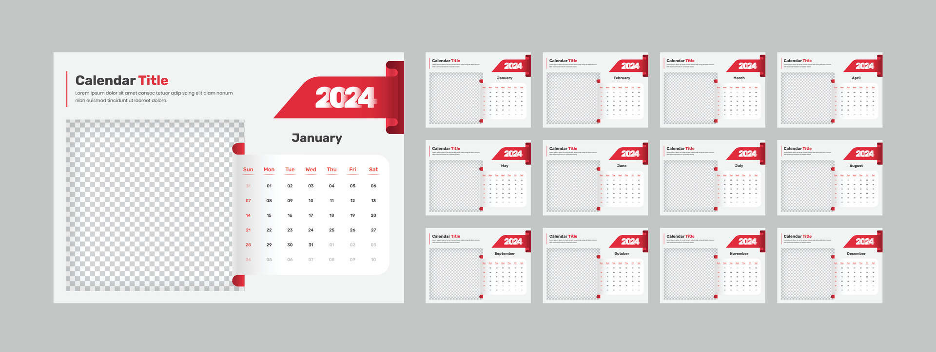 Modern red color desk calendar template of 2024 with accurate date