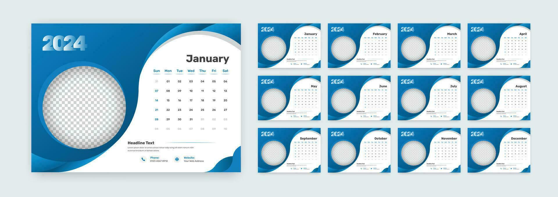 Corporate abstract desk or table calendar template with accurate date format for the year 2024 vector