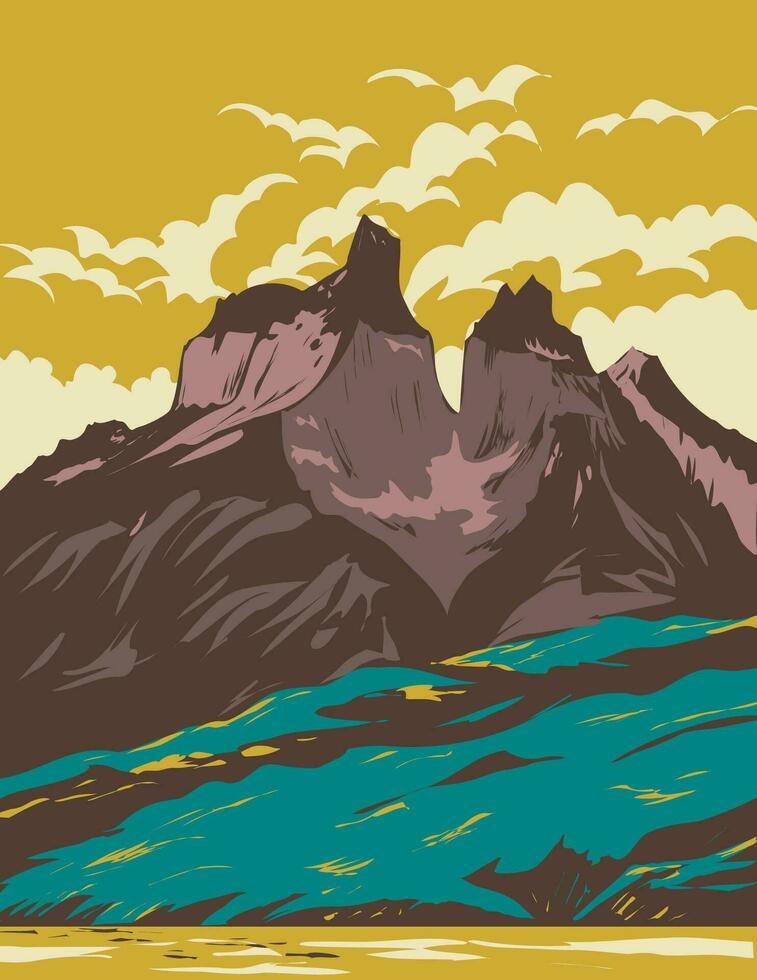 Torres Del Paine National Park from Lake Pehoe in Chile WPA Art Deco Poster vector