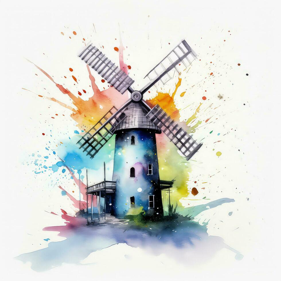 Colourful watercolour painting of a windmill photo