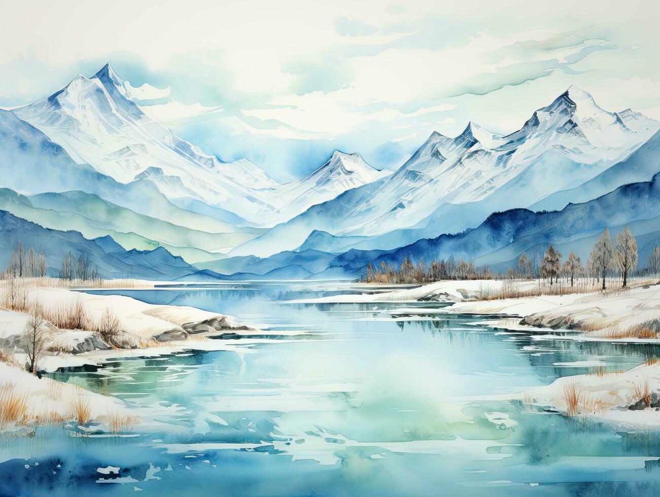 Painted watercolour image of a mountain and lake landscape photo