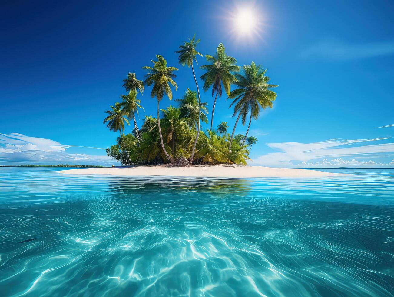 Tropical paradise with lush palm trees on a sandy island with turquoise sea photo