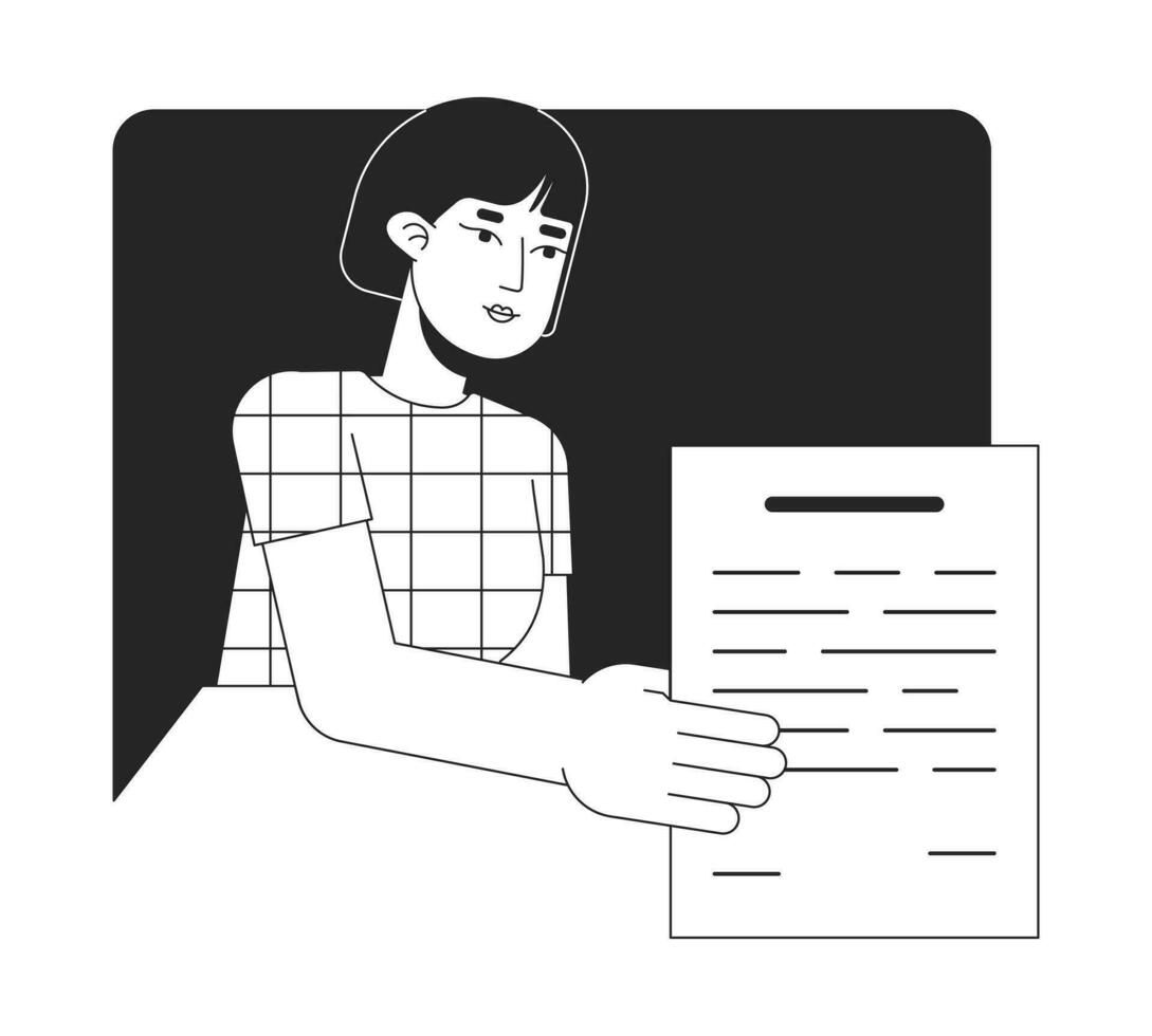 Female office worker giving document flat line black white vector character. Editable outline half body person. Lady handing out paper simple cartoon isolated spot illustration for web graphic design