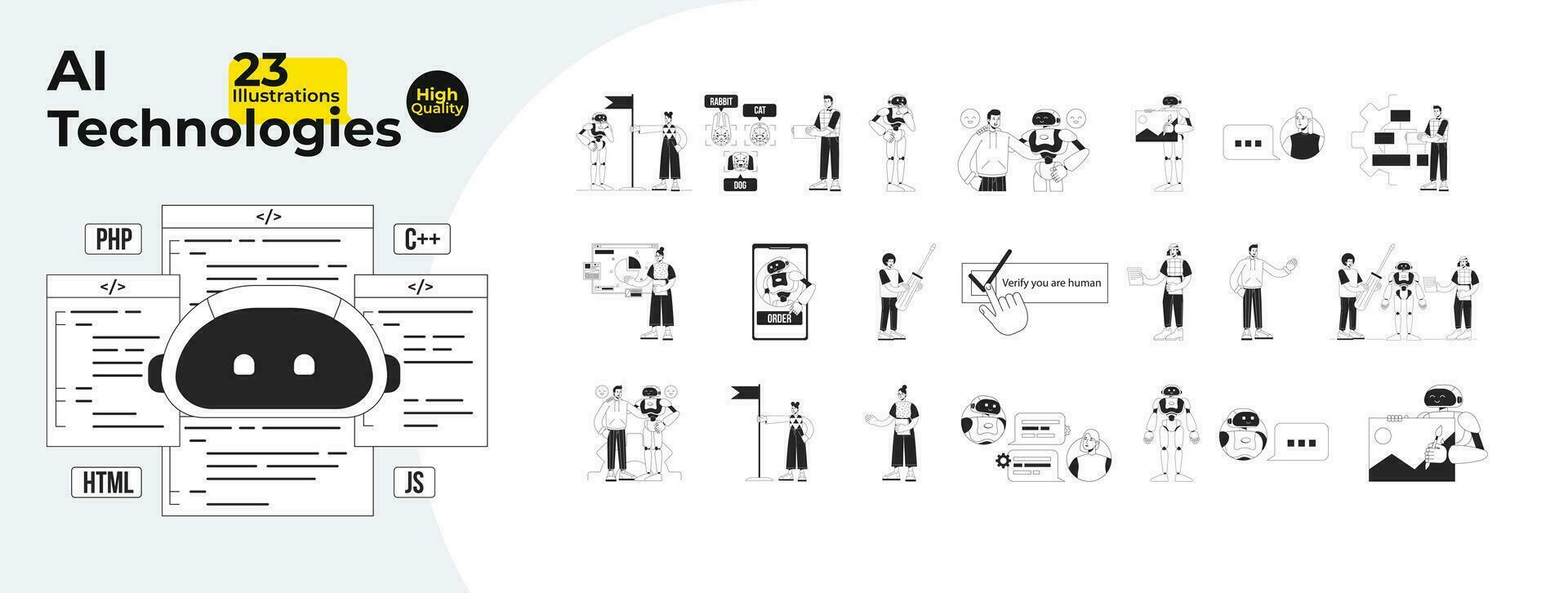 AI technologies bw concept vector spot illustrations bundle. Automation. People and robot 2D cartoon flat line monochromatic characters for web UI design. Editable hero image collection