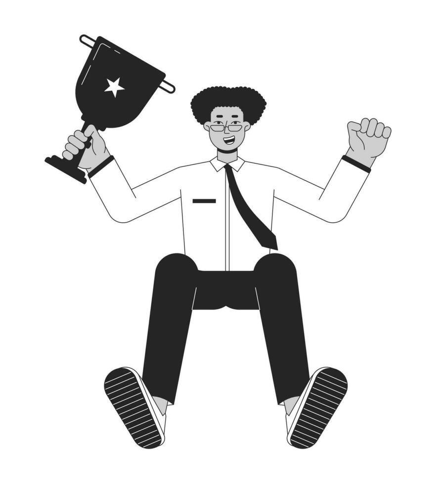 Excited hispanic employee holding trophy cup flat line black white vector character. Editable outline full body person. Latino worker simple cartoon isolated spot illustration for web graphic design