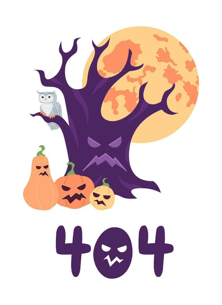 Víspera de Todos los Santos árbol con de miedo calabazas, lleno Luna error 404 destello mensaje. escalofriante bosque. vacío estado ui diseño. página no encontró surgir dibujos animados imagen. vector plano ilustración concepto en blanco antecedentes