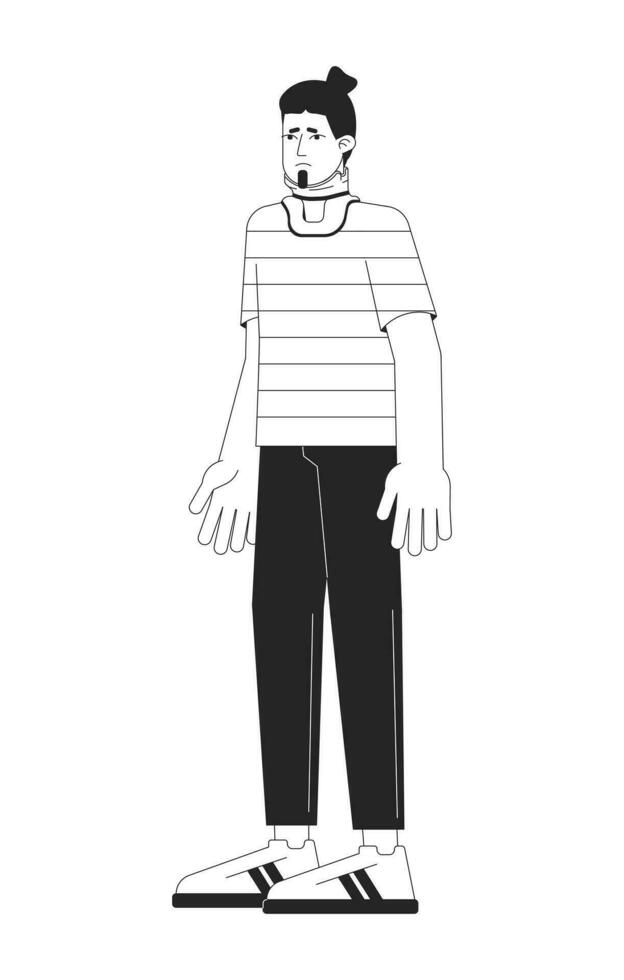 Sad young man in neck bandage flat line black white vector character. Editable outline full body sick man with neck injury on white. Simple cartoon isolated spot illustration for web graphic design