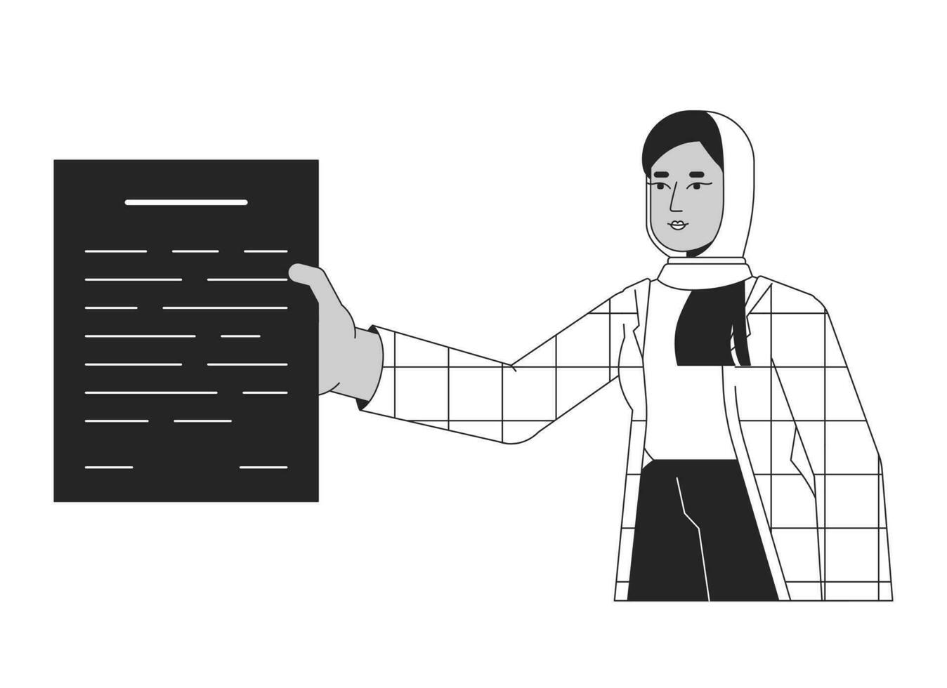 Hijab office worker gives paperwork flat line black white vector character. Editable outline half body person. Female employee document simple cartoon isolated spot illustration for web graphic design