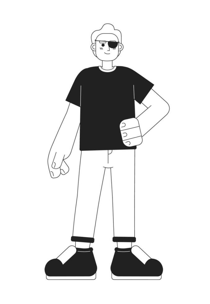 Self-confident caucasian man with blindfoldmonochromatic flat vector character. Editable thin line full body young man with disability on white. Simple bw cartoon spot image for web graphic design