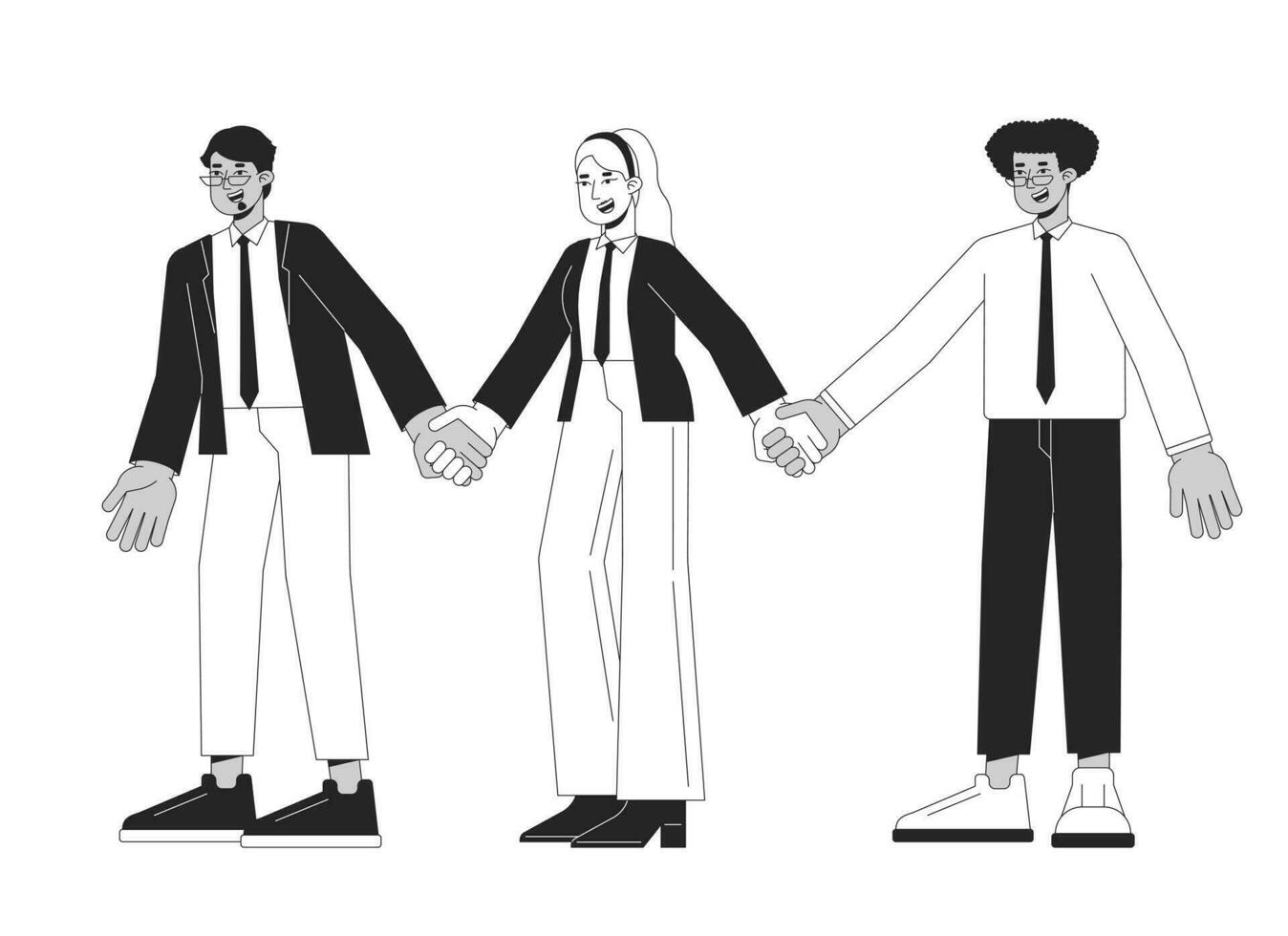 Diverse corporate employees holding hands flat line black white vector characters. Editable outline full body people. Diverse coworkers simple cartoon isolated spot illustration for web graphic design