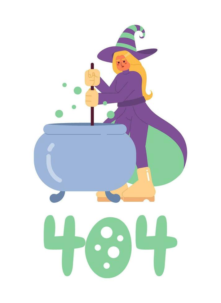 Happy halloween witch error 404 flash message. Wicked witch cauldron. Brewing potion. Empty state ui design. Page not found popup cartoon image. Vector flat illustration concept on white background
