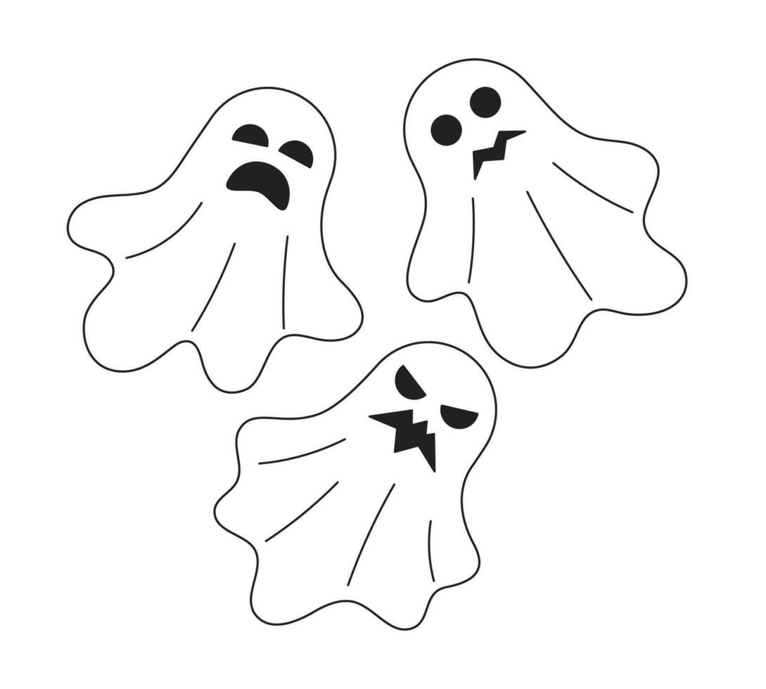 Happy halloween ghosts monochrome concept vector spot illustration. Haunted house spirits 2D flat bw cartoon characters for web UI design. Helloween monsters isolated editable hand drawn hero image