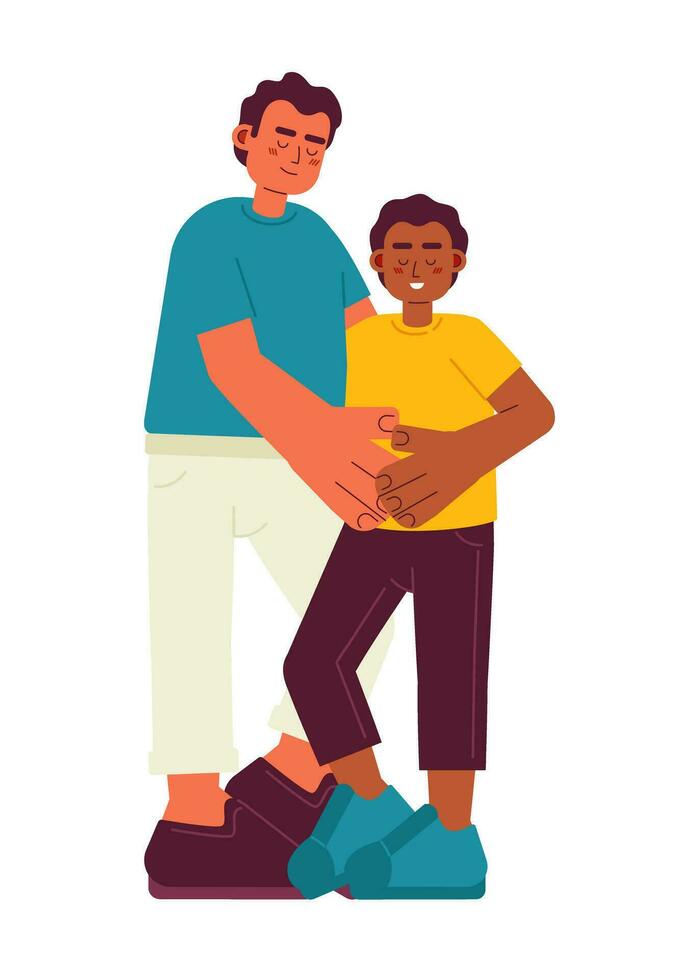 Latino father hugging african american son semi flat color vector characters. Positive parent with child. Editable full body people on white. Simple cartoon spot illustration for web graphic design