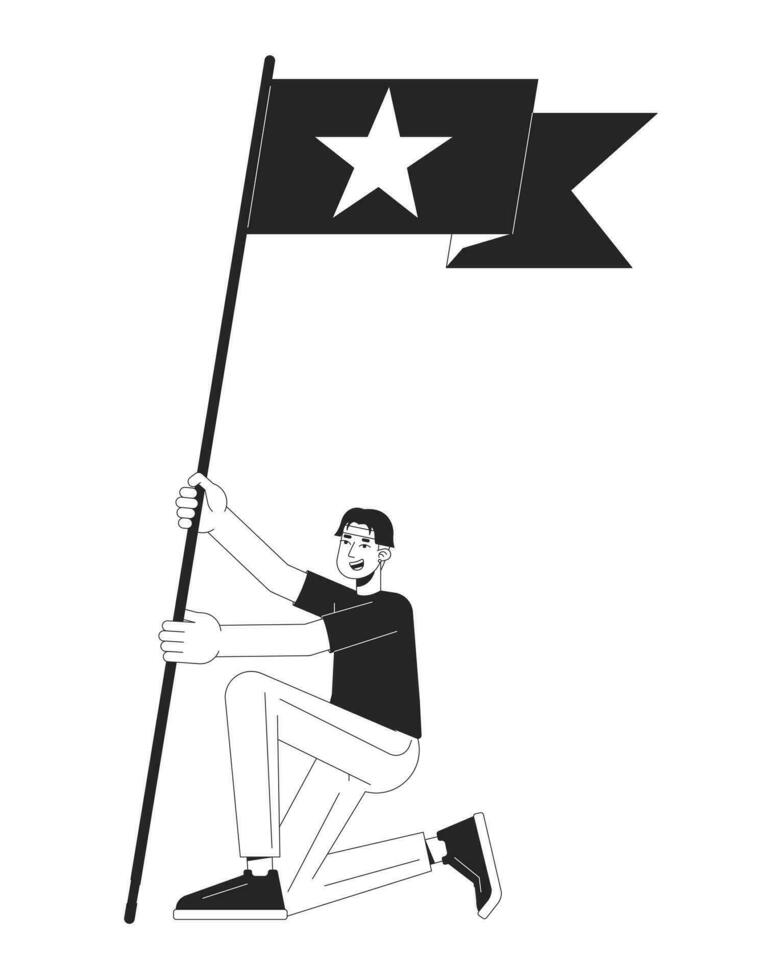 Asian fan boy holding flag with star flat line black white vector character. Editable outline full body person. Korean fanboy cheering simple cartoon isolated spot illustration for web graphic design