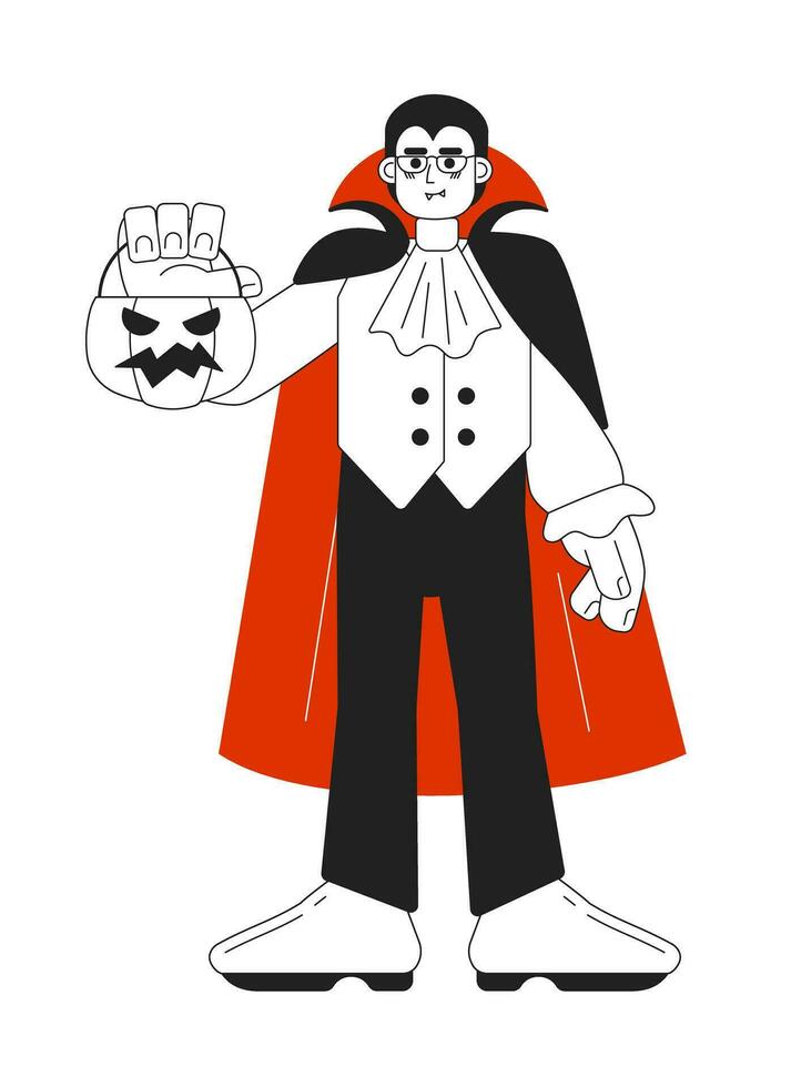 masculino vampiro con caramelo Cubeta monocromo concepto vector Mancha ilustración. Víspera de Todos los Santos fiesta 2d plano bw dibujos animados personaje para web ui diseño. preguntando para golosinas aislado editable mano dibujado héroe imagen