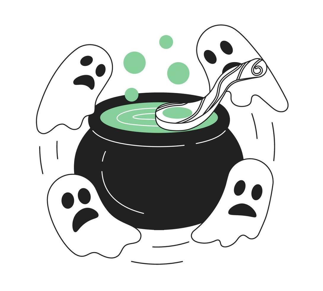 Cauldron with ghosts on Halloween monochrome concept vector spot illustration. Magic cooking with spirits 2D flat bw cartoon composition for web UI design. Isolated editable hand drawn hero image