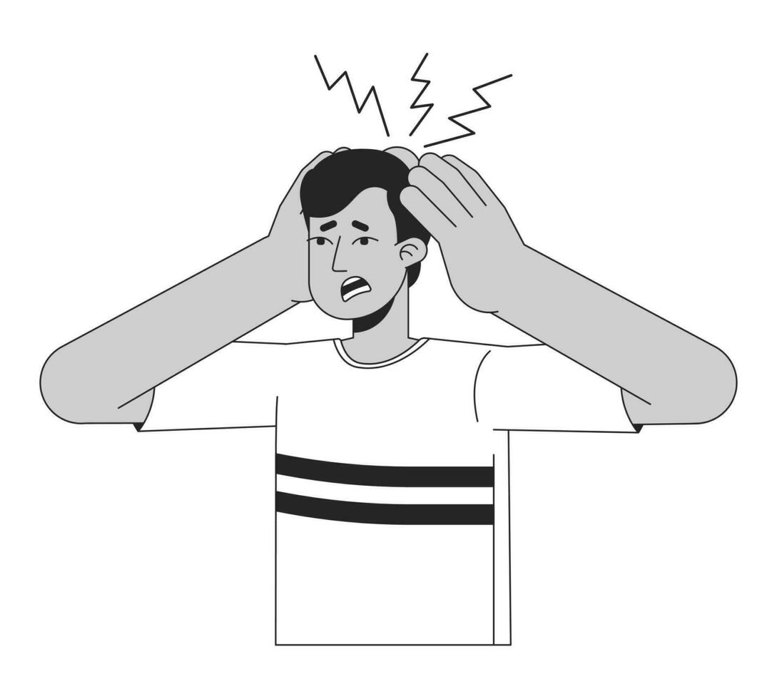Guy touch injury on head flat line black white vector character. Editable outline half body man with throbbing pain on white. Simple cartoon isolated spot illustration for web graphic design