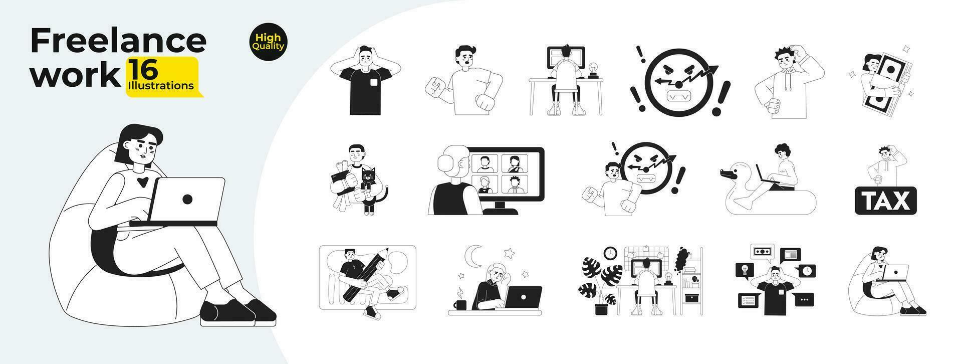 Freelance work monochrome concept vector spot illustrations bundle. Hardworking and frustrated 2D flat bw cartoon characters for web UI design. Isolated editable hand drawn hero image collection