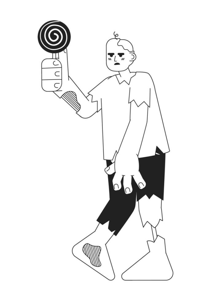 Zombie halloween party monochrome concept vector spot illustration. Helloween monster costume 2D flat bw cartoon character for web UI design. Lollipop holding isolated editable hand drawn hero image
