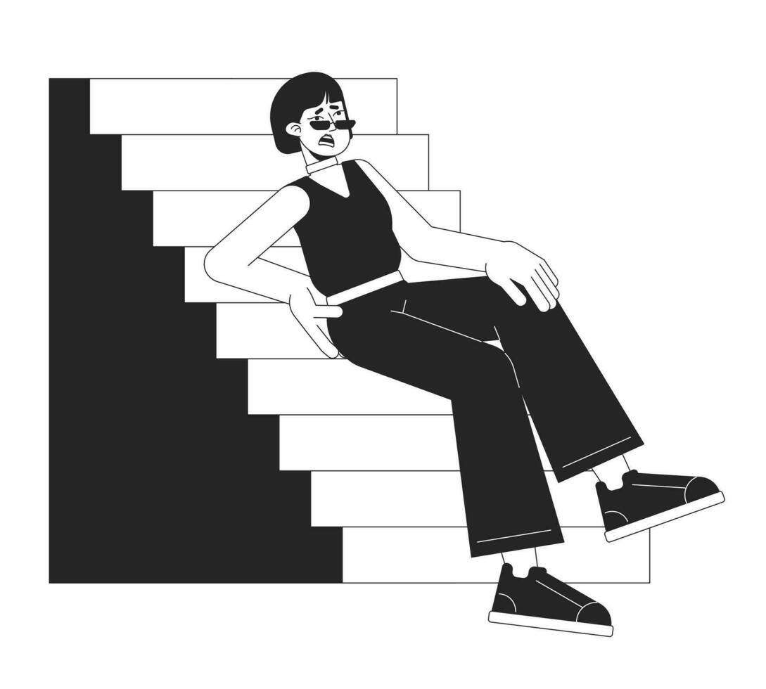 Unhappy woman falls from stairs flat line black white vector character. Editable outline full body girl touch back injury on white. Simple cartoon isolated spot illustration for web graphic design