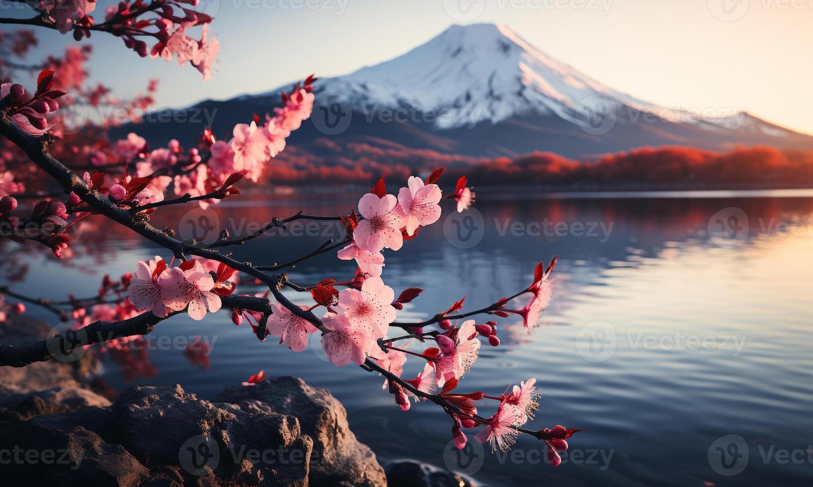 AI generated Sakura blossom illustrator. Artistic morning scenery. photo