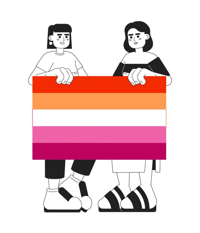 Attractive women hold lesbian pride flag monochromatic flat vector characters. Editable thin line full body people support lgbt community on white. Simple bw cartoon spot image for web graphic design