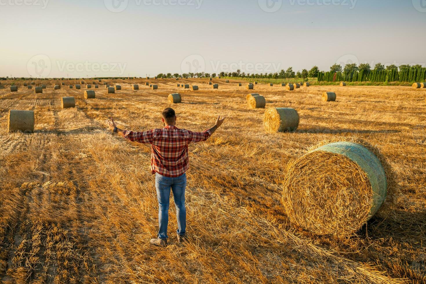 Happy farmer is standing beside bales of hay. He is satisfied because of successful harvesting. photo