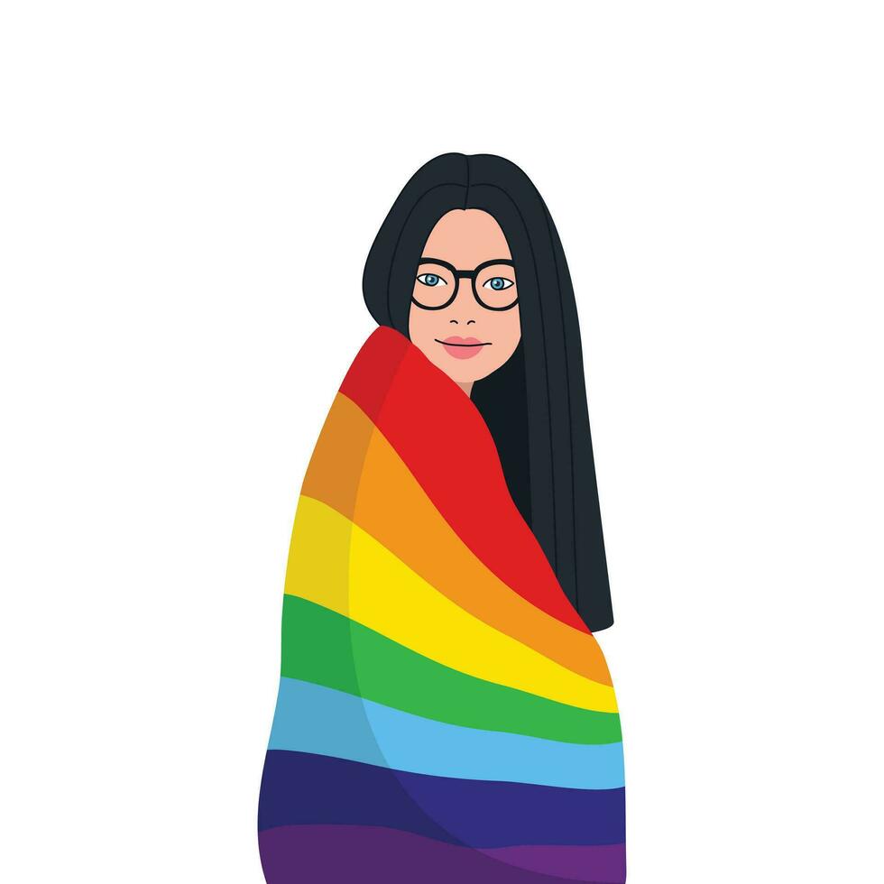 A young girl covered with a rainbow-colored flag isolated on a white background. LGBTQ concept vector