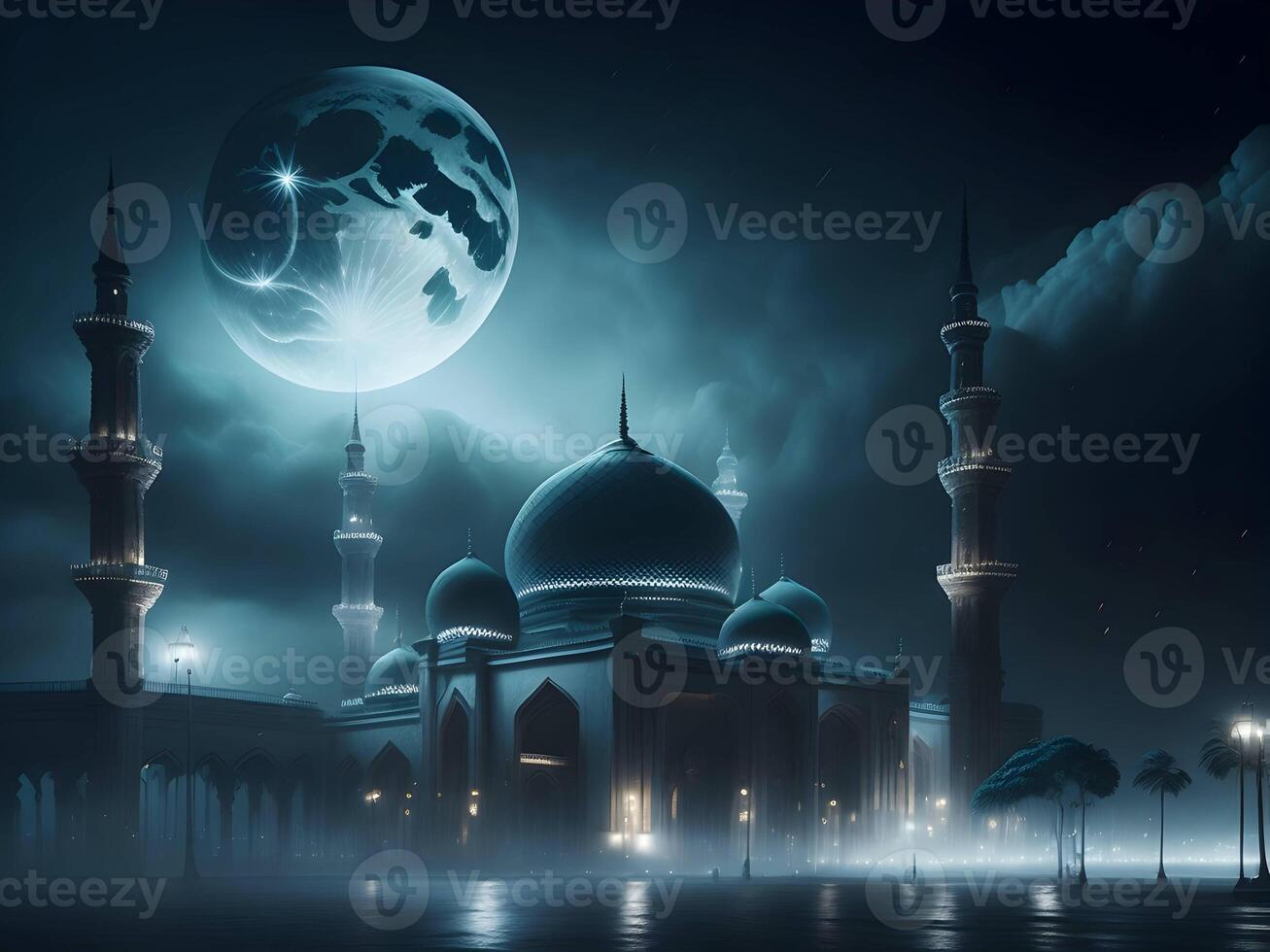 moon shining behind a mosque , islamic eid background generative image photo