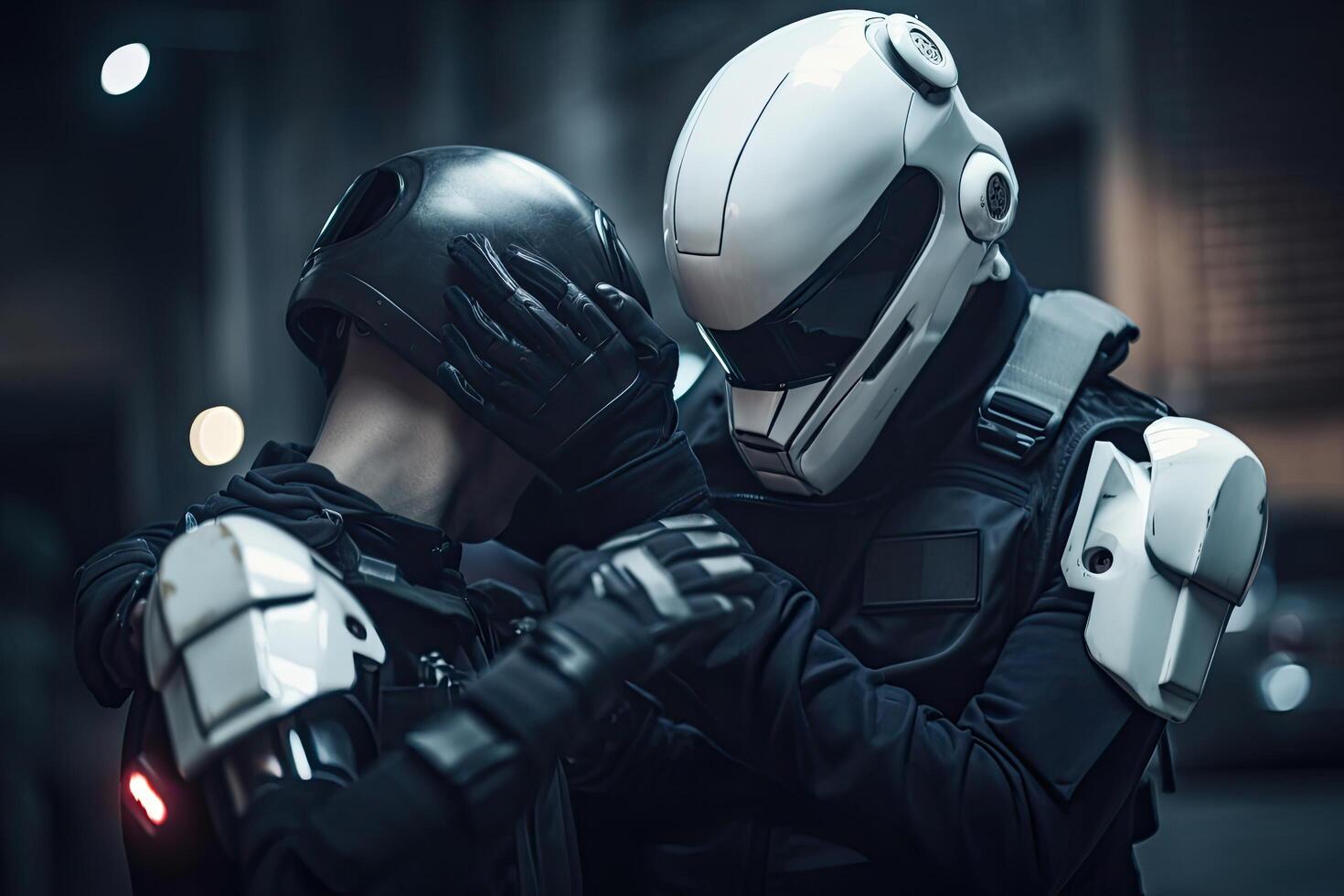 Two cyborgs are fighting in a dark room. They are wearing helmets. Futuristic Robot police catching and arresting, photo