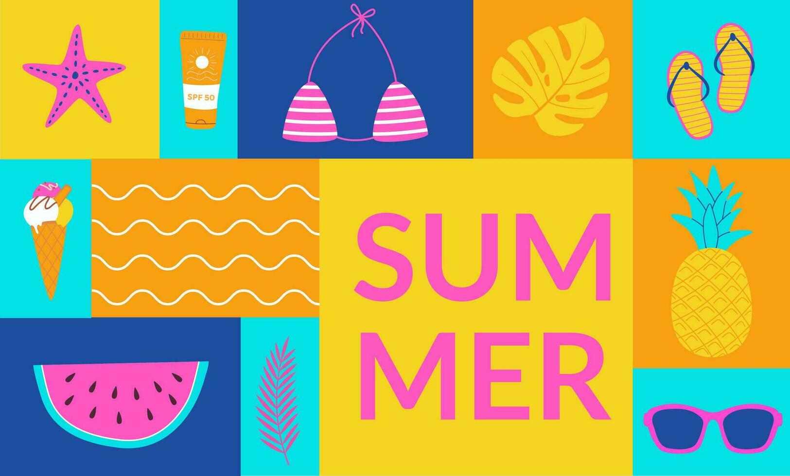 Summer background in geometric style. Summertime poster banner, flyers design for web, shop, bar, travel. Waves, bikini, starfish, pinapple, watermelon vector illustration