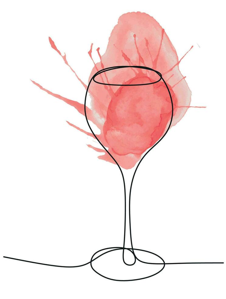 Wineglass One line art Vector illustration. Watercolor Hand draw Wine splash of poured Red wine, isolated on white background. Wine degustation logo design, t shirt, alkochol bottle cover.