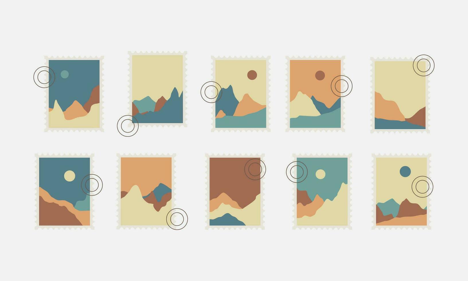 Set of postal stamps and postmarks, isolated on white background, vector illustration.