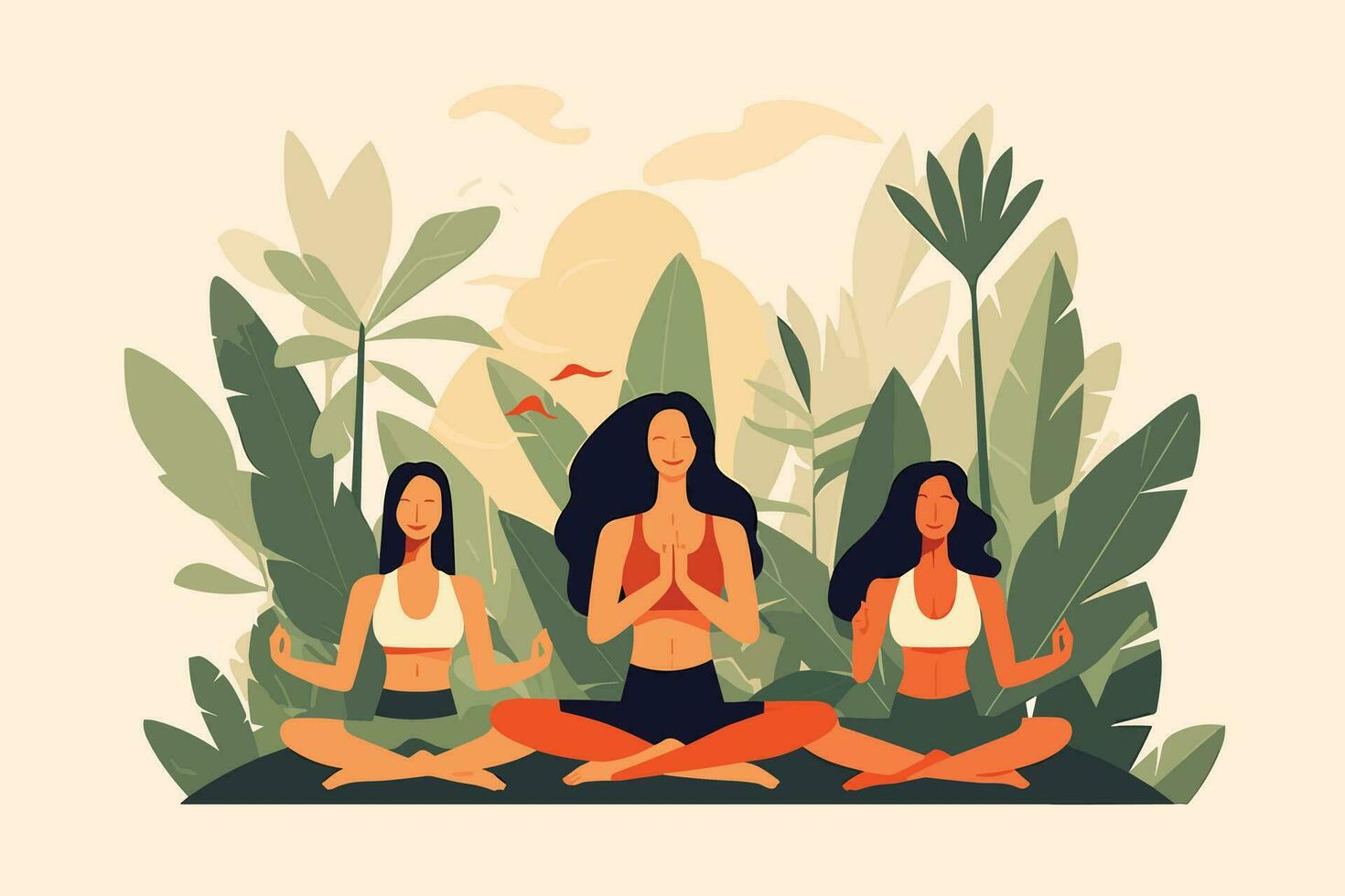 Tres muchachas haciendo en un amanecer ilustración, internacional yoga día, yoga día bandera vector