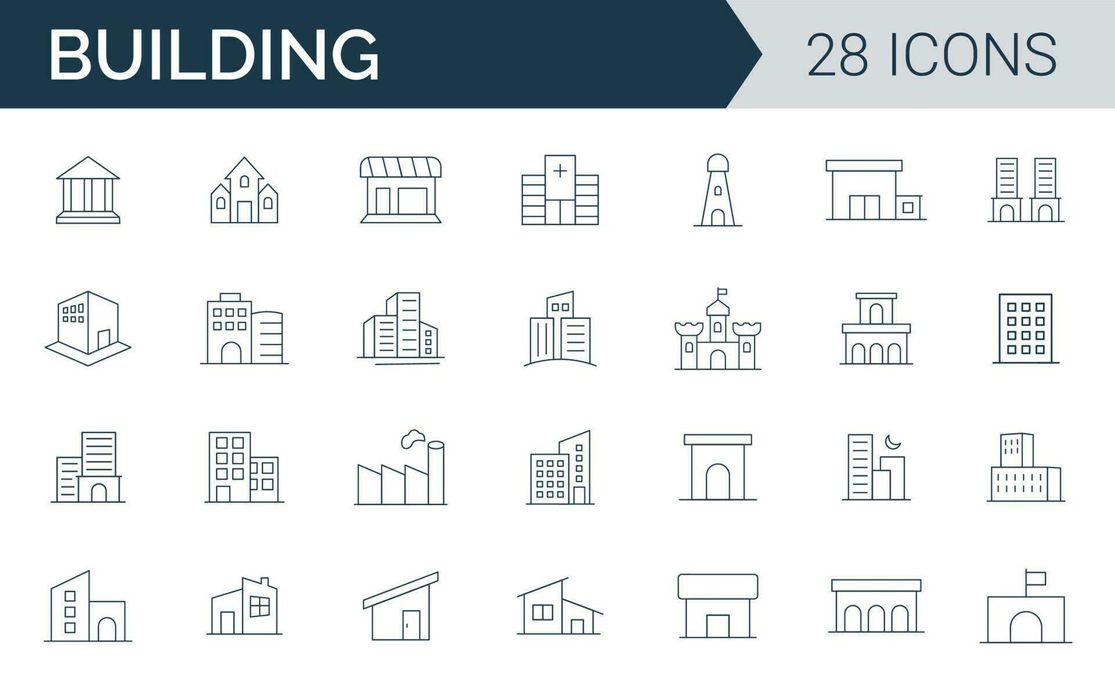 Building icon set. Cicons as Buildings, Architecture, Construction, Real Estate, Home, office, and Castle outline vector