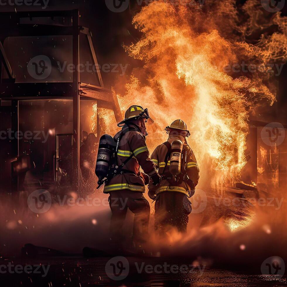 Firefighter in foreground with burning buildings in background. safety fire fighter team,department Fireman in special heat resistant protection suit. illustration. photo
