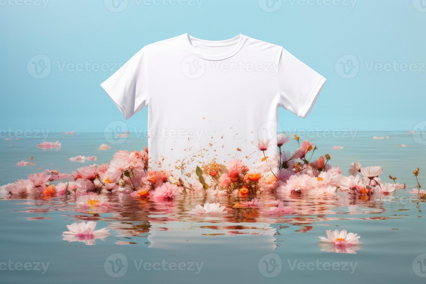 White tshirt mockup floatinf on water surface, photo