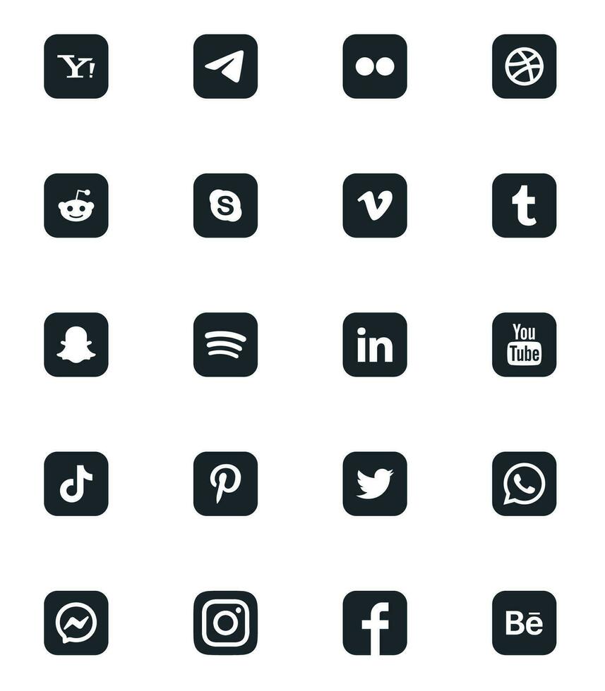 Social media logo icons set vector. Facebook Instagram Messenger WhatsApp Twitter Pinterest Youtube LinkedIn Spotify Snapchat Tumblr Vimeo Skype Dribble Telegram - Zurich, Switzerland, 26.06.23. vector