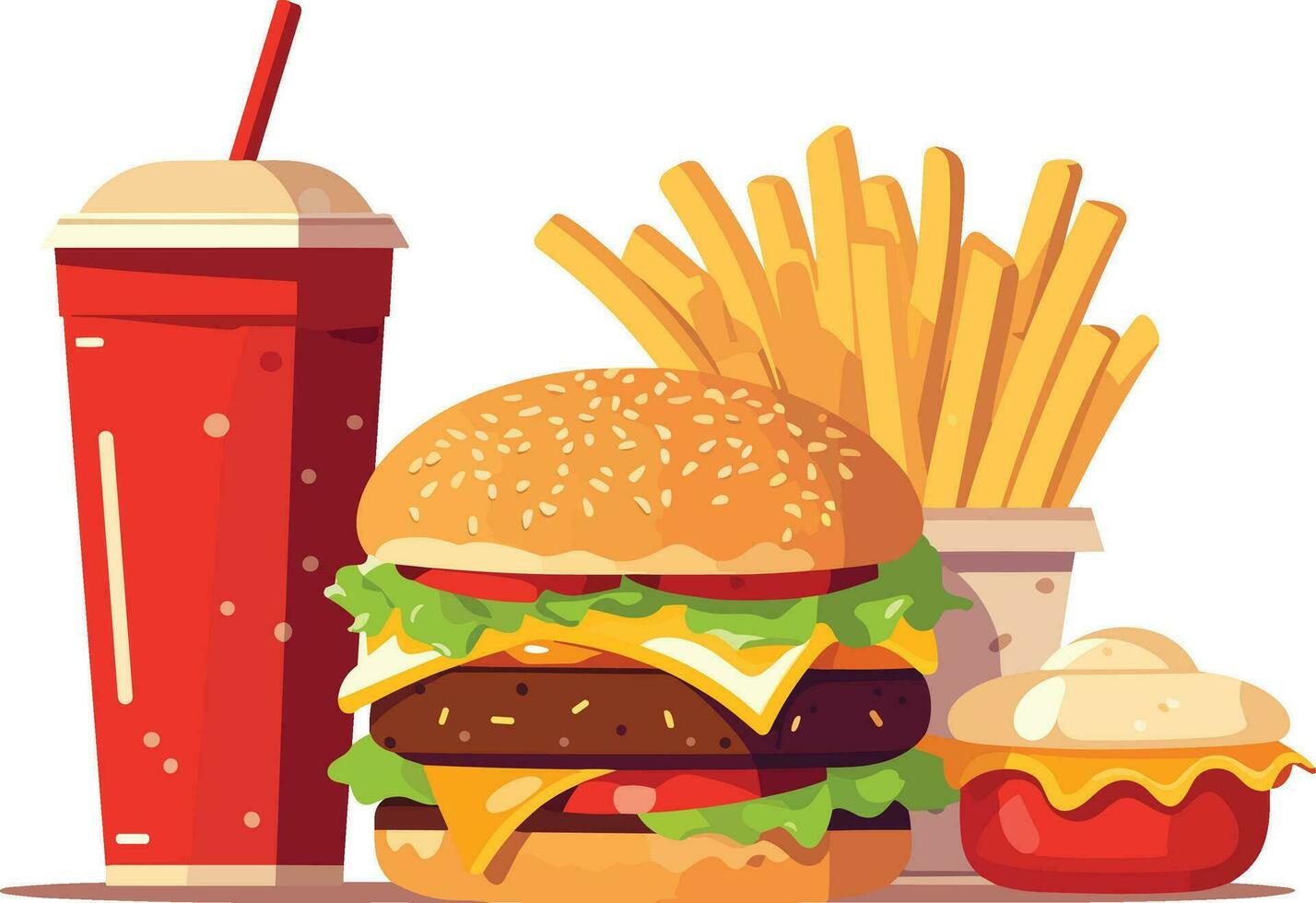 Delicious Fast Food Snack with  burger,  coke and Fresh Vegetables on a White Background illustration,  burger, coke, hot and spicy french fries illustration vector