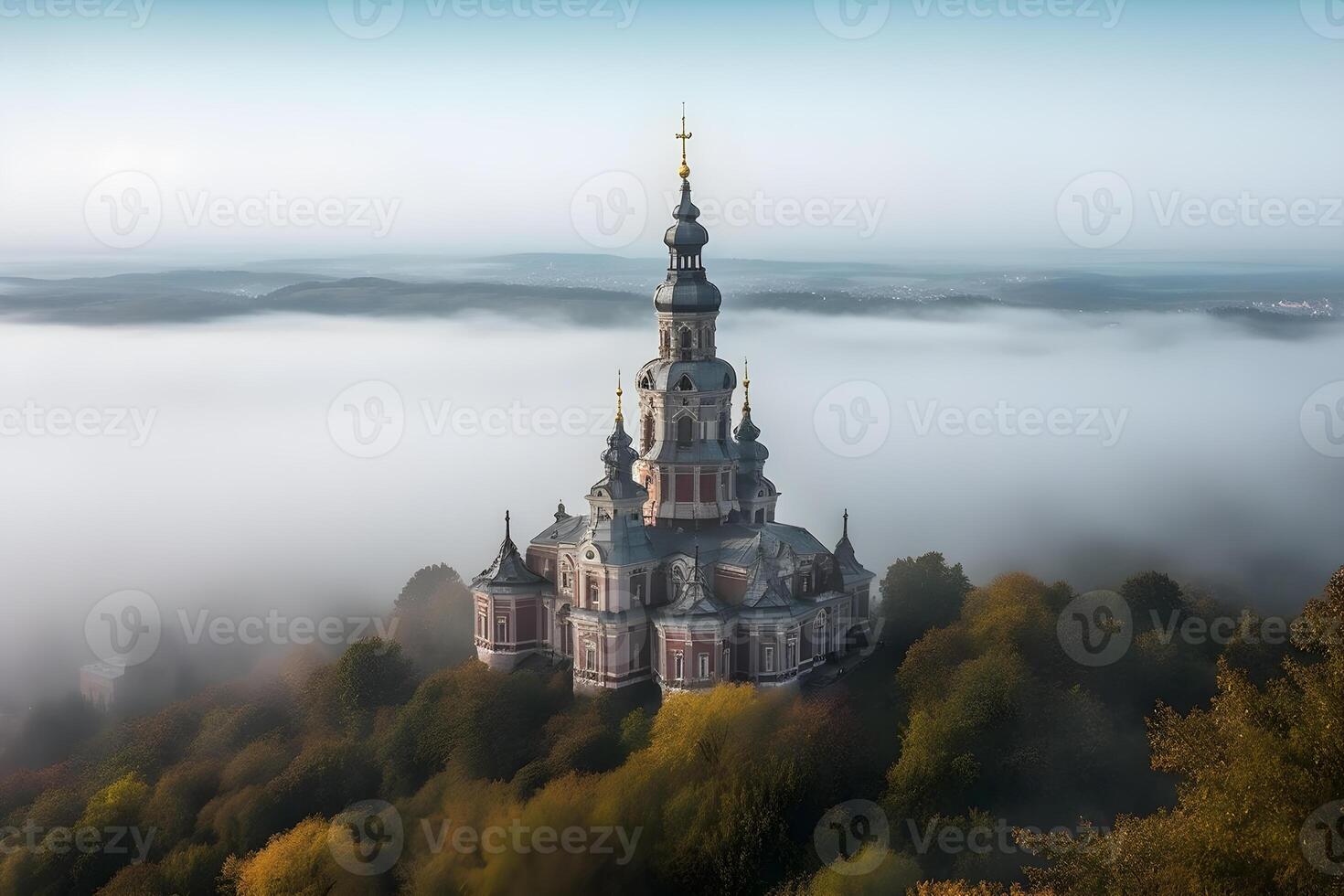 classic church on a sky island covered in clouds , photo