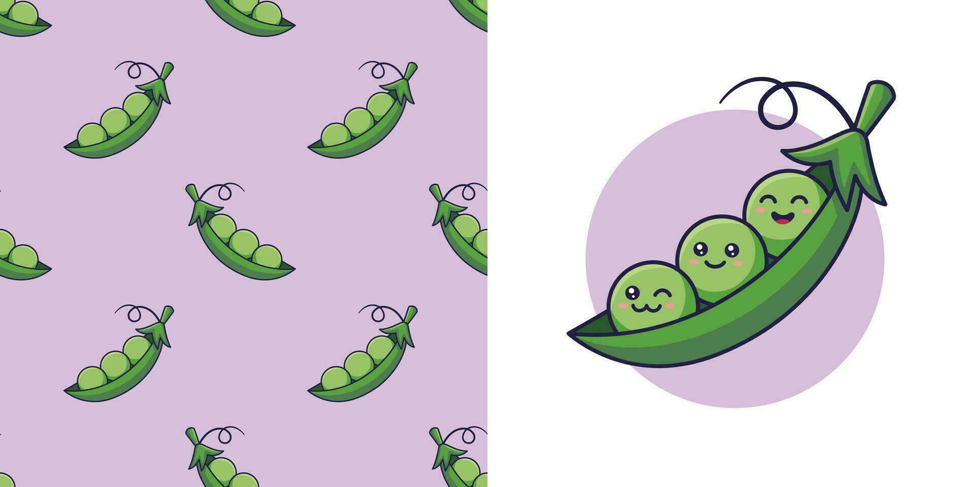 Hand drawn green pea in doodle style for designing baby clothes. Postcard with green pea and seamless pattern. Cartoon Bohemian nursery print. Kids design texture for pajamas. Vector illustration.