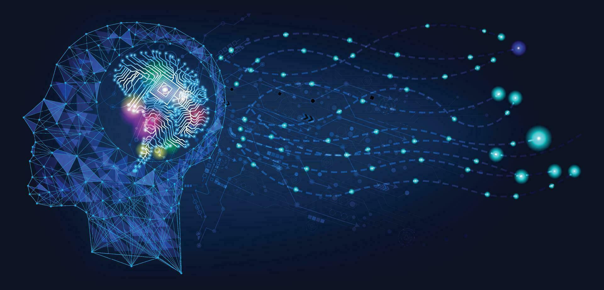 Abstract human head with a line brain network.circle and electricity with blue electronic cycle.Digital data,ai,ascience.Vector Technology background and Artificial intelligence concept. vector