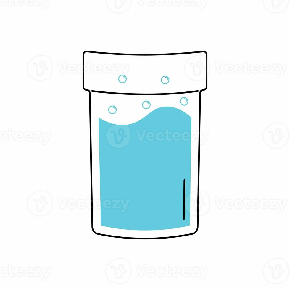 Glass of water in a retro groovy style on white backdrop. Daily water tracker. Drinking enough water, hydration challenge.Vector illustration. photo