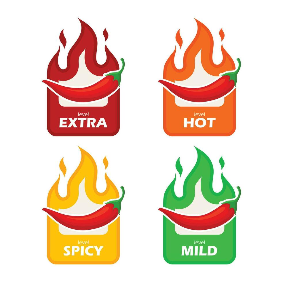 Spicy chili pepper hot fire flame icons. Extra, hot, spciy, mild spiciness level. vector spicy food level icons