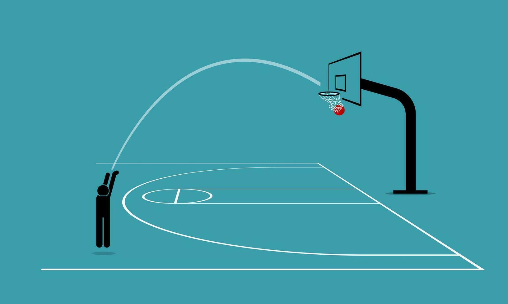 Man shooting a basketball from three point line into a hoop and score 3. Vector illustration depicts concept of accurate, precise, skillful, objective, focus, concentrate and practice makes perfect.